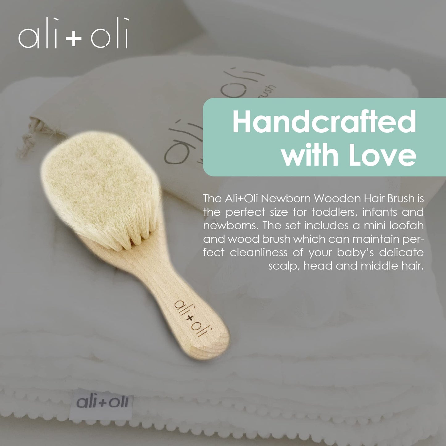 Ali+Oli Newborn Wooden Hair Brush- Baby Brush Set For Newborns- Baby Hair Brush With Mini Loofah- Infant Hair Brush, Cradle Cap,
