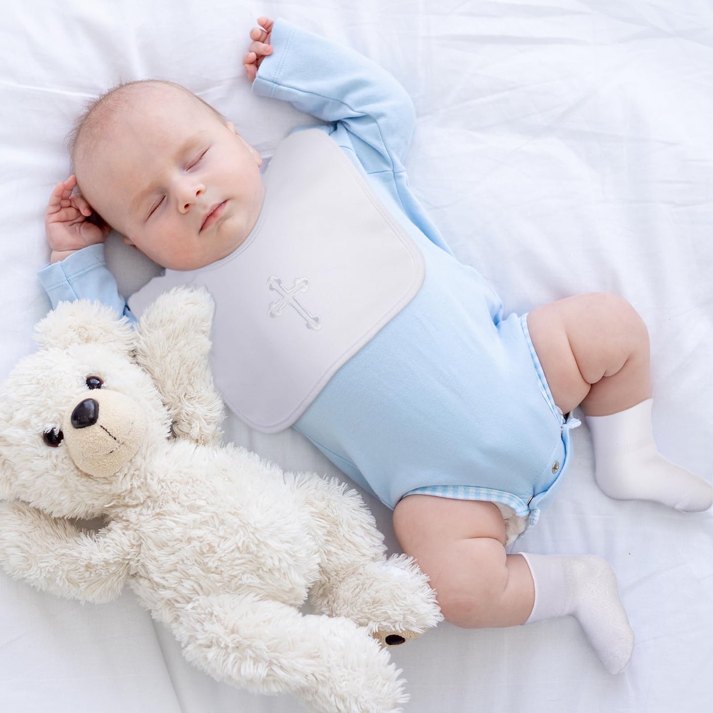 Jiuguva 4 Pcs Baptism Bibs And Socks Set Christening Bib For Baby White Embroidered Cross Baptism Outfit For Boy Girl (6-12Month