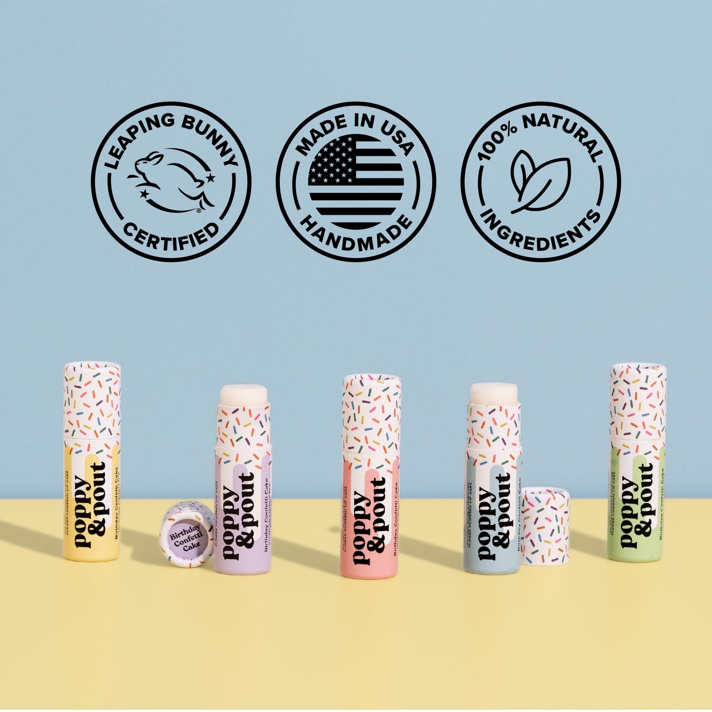 Poppy & Pout All Natural Vegan Lip Balm | Birthday Confetti Cake | Cardboard Tube, Moisturizing, Cruelty Free, Made In Usa (Pink
