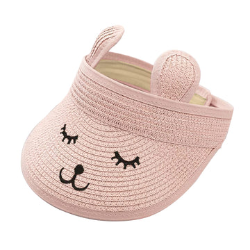 Baby Roll-Up Straw Visor Hat Sun Hat, Kid Toddler Wide Brim Cute Bunny Ponytail Summer Beach Sun Hat Adjustable For 1-4 Years (P