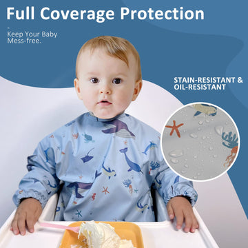 Halaa Vauva Long Sleeve Baby Bibs For Toddlers, Waterproof, Mess Proof, Coverall, Easy Clean Outfit Baby Smock With Food Catcher