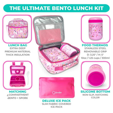 Kinsho Bento Lunch Box For Kids With Thermal Food Jar For Hot Food Soup, Insulated Lunch Bag And Ice Cold Pack Set, Stainless St