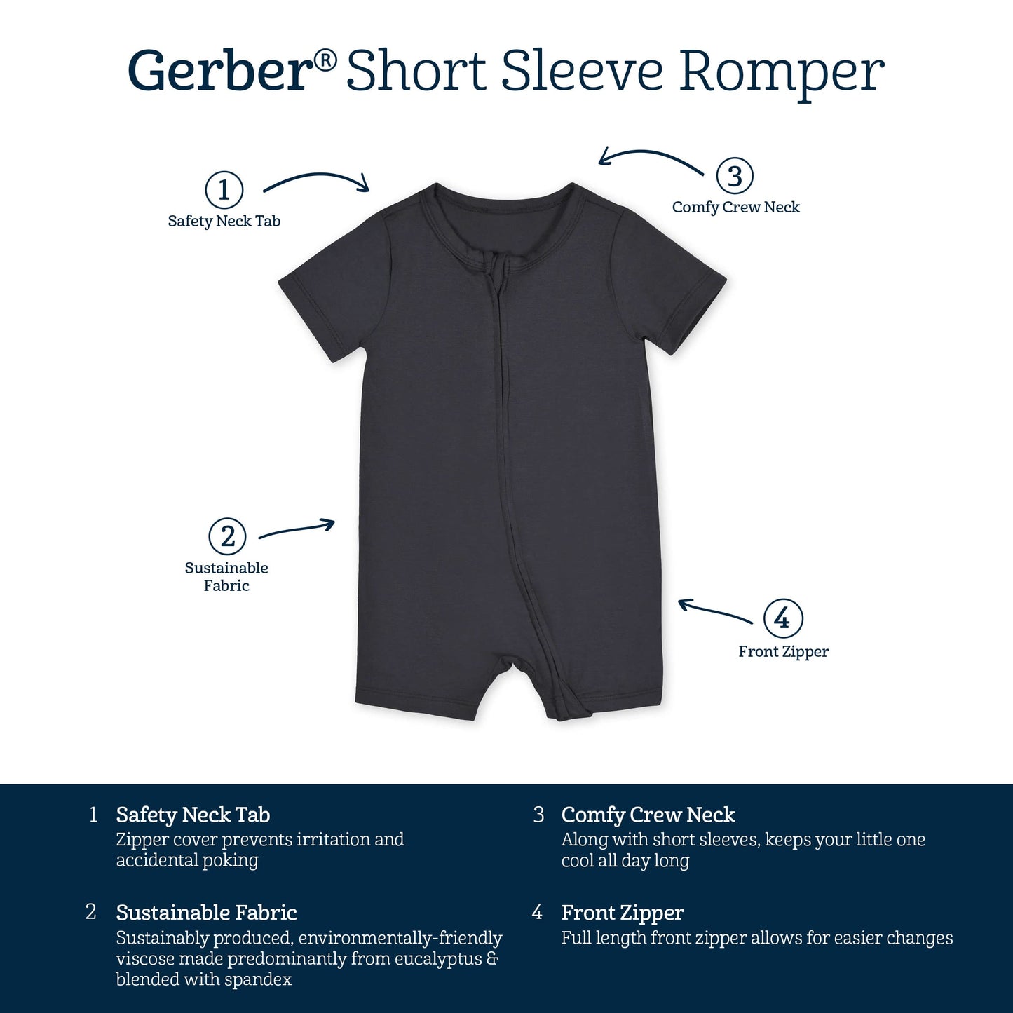 Gerber Unisex Baby Buttery-Soft Short Sleeve With Viscose Made Eucalyptus Romper, Shadow, 12 Months Us