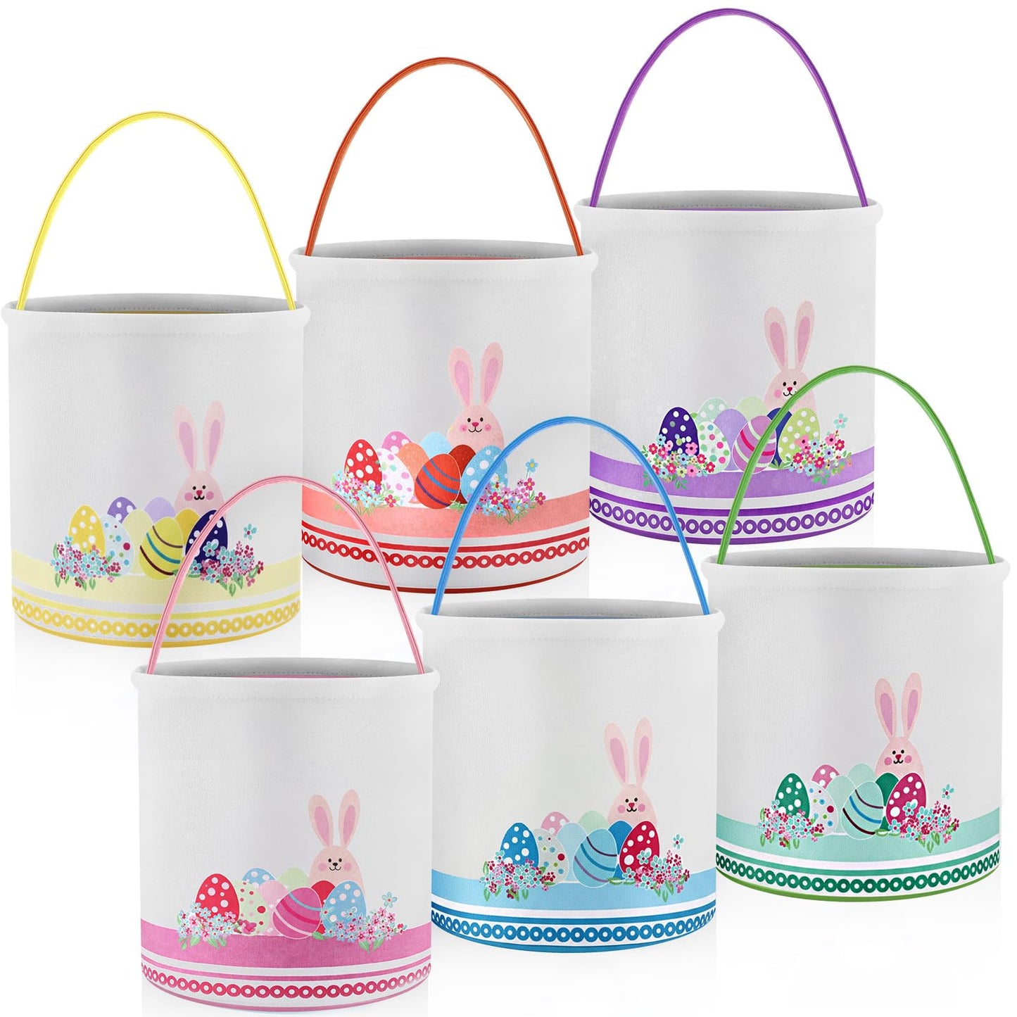 Honeydak 6 PCS Easter Eggs Hunt Basket for Kids Bunny Canvas Rabbit Tote Carry Bucket Bags(Color 7,Bunny Eggs)