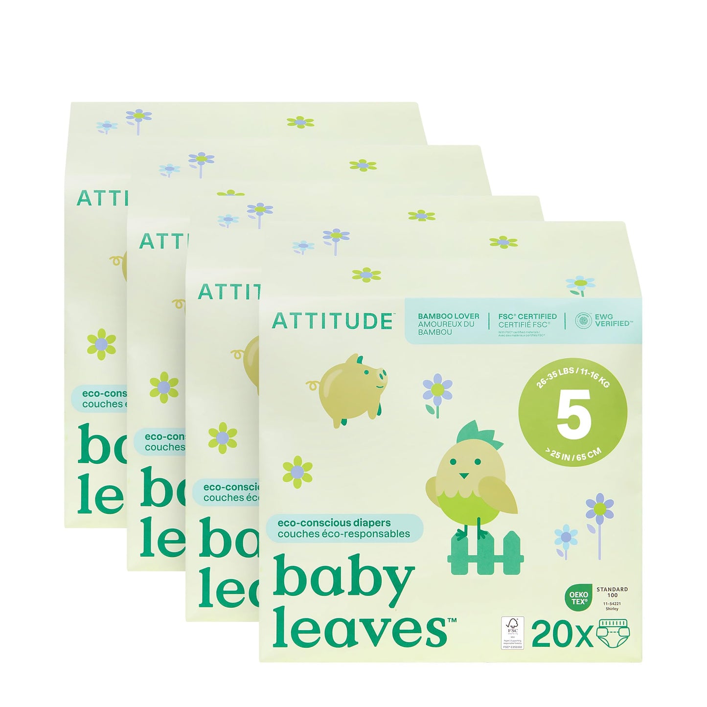 ATTITUDE Eco-Conscious Disposable Diapers, EWG Verified, Size 5 (26-35 lbs), Ultra Absorbent for Baby, Vegan & Plant-Based, 20 C