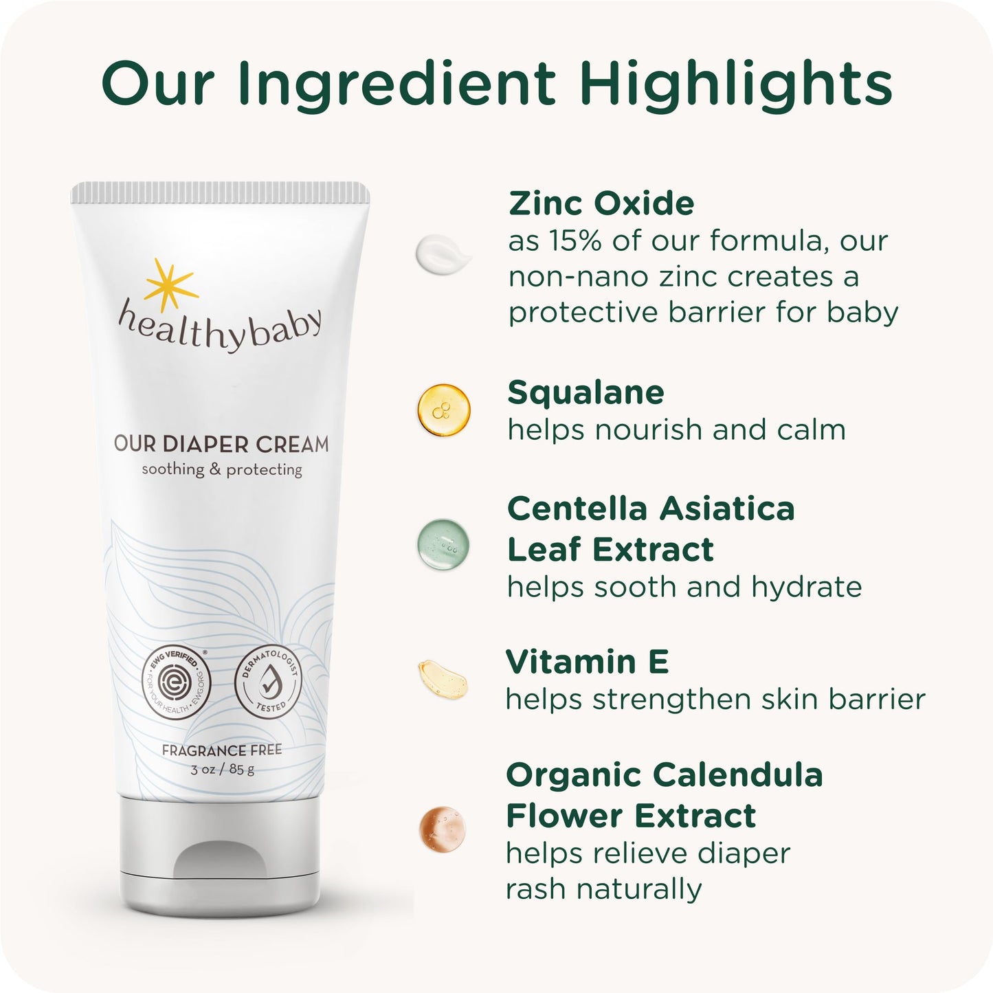 Healthybaby Our Diaper Cream | Hypoallergenic Zinc Oxide & Squalane Diaper Cream | Fragrance Free, Ewg Verified + Non-Gmo, 3 Oz