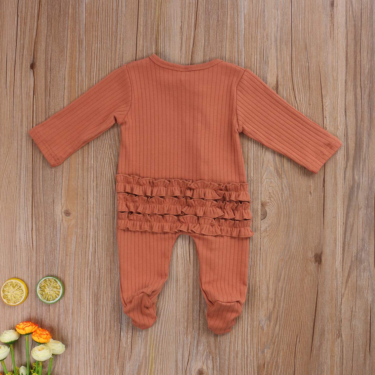 Kuriozud Newborn Baby Girl Boy Zipper Sleeper Ruffle Footed Romper One Piece Clothes (Orange Zipper Footie, 0-3 Months)