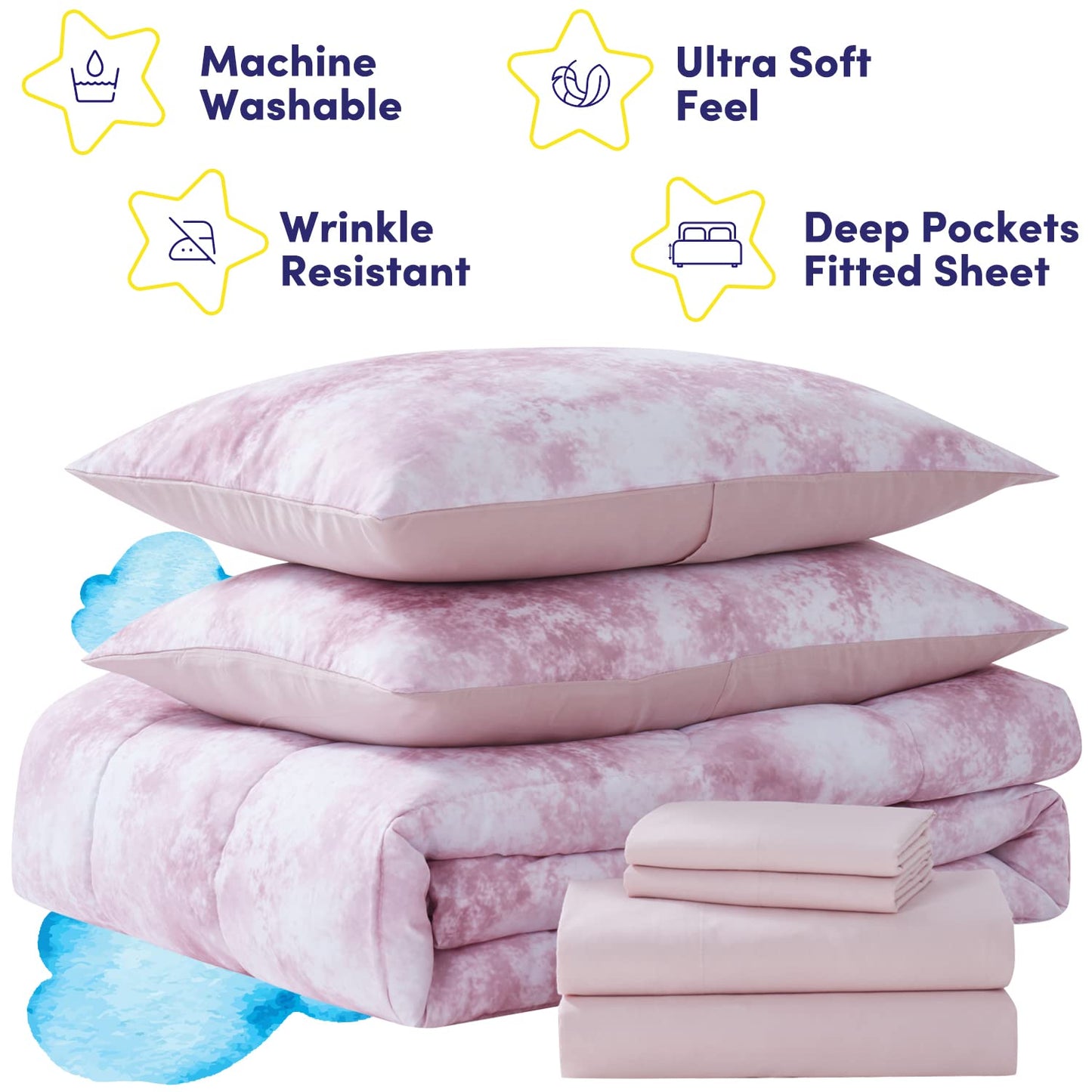 Kids Bedding Set Bed In A Bag For Boys And Girls Toddlers Printed Sheet Set And Comforter, Full, Waterbury Marble (Pack Of 4)