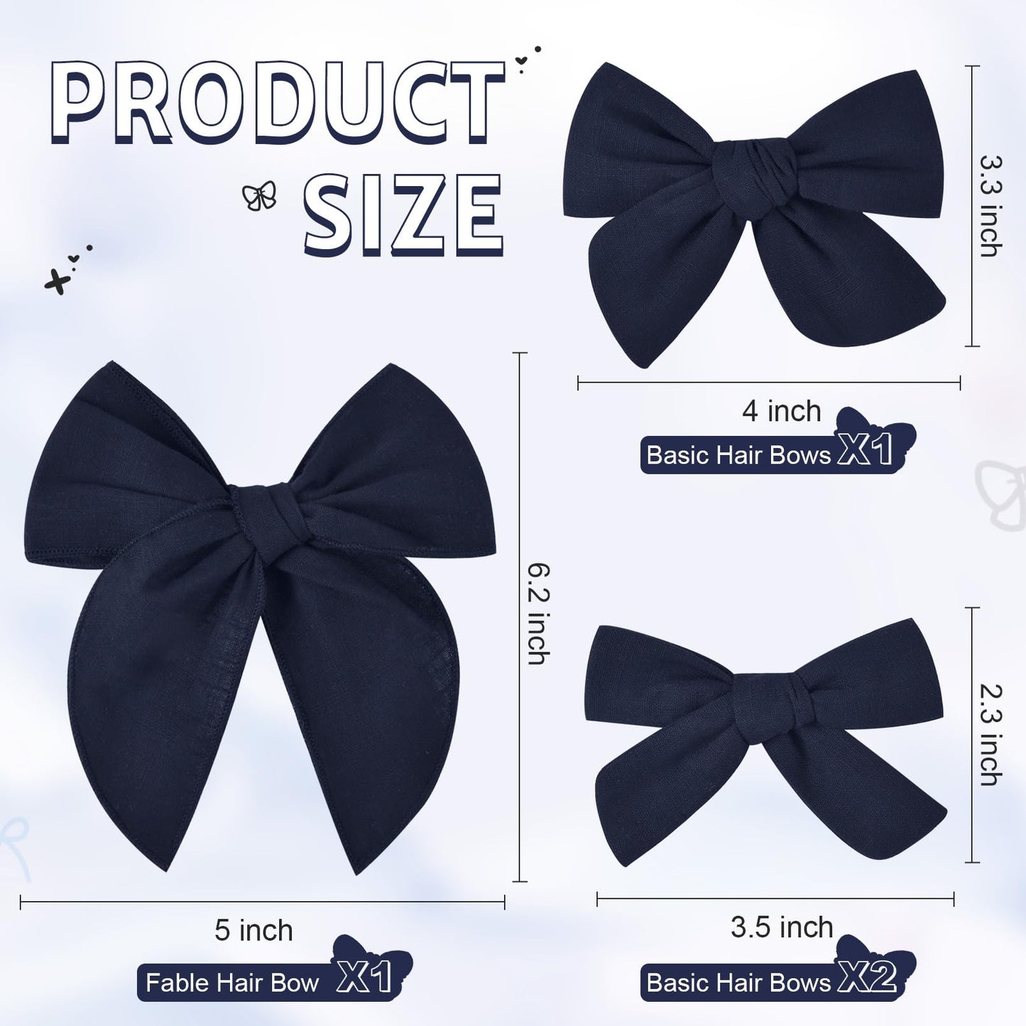 Deeka 4 Pcs Navy Blue Cotton Linen Hair Bows 3 Styles 5' & 4' Handmade Hair Bow Set For Toddler Girls Alligator Hair Clips Kno