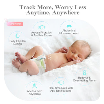 Sense-U Smart Baby Monitor Pro(Long Range) With Arousal Vibration, Audible & App Alerts Anywhere: Tracks Abdominal Movement, Rol