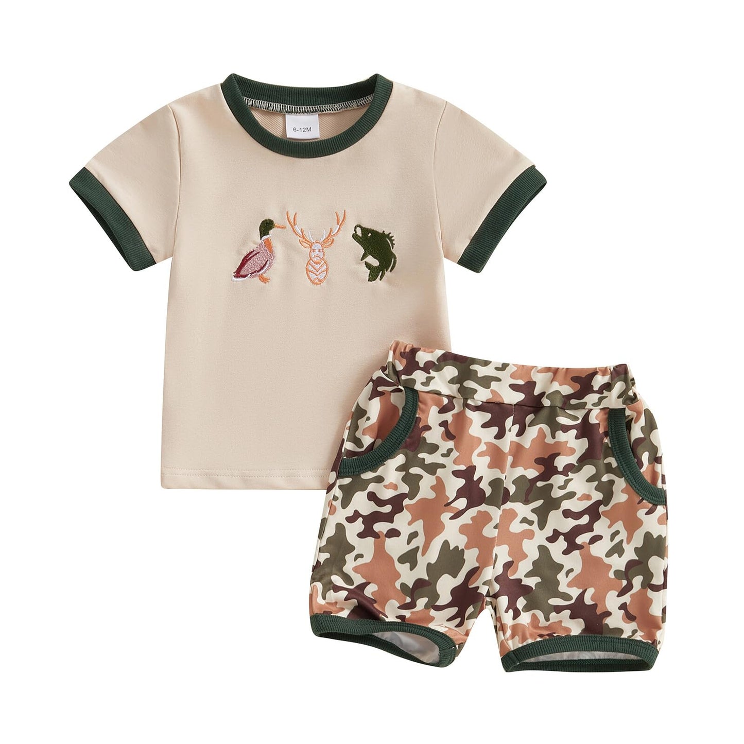 PUHHAPIEY Toddler Baby Boy Summer Clothes Retro Embroidery Duck Hunting Shirts T-Shirt + Elastic Camouflage Shorts Set (Light Kh