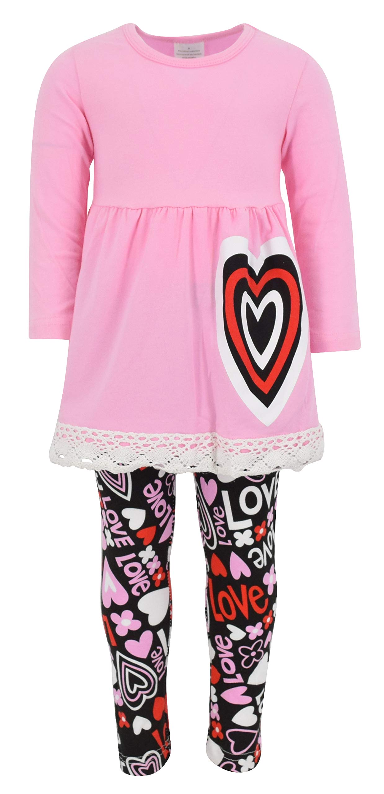 Unique Baby Girls Valentines Day Outfit Layered Heart Toddler Lace Trim Legging Set (6 Years, Pink)