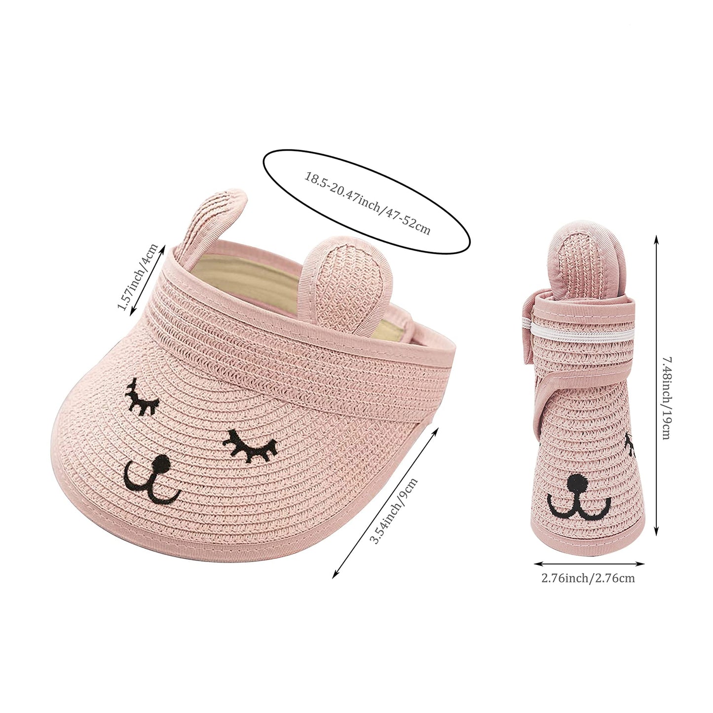 Baby Roll-Up Straw Visor Hat Sun Hat, Kid Toddler Wide Brim Cute Bunny Ponytail Summer Beach Sun Hat Adjustable For 1-4 Years (P