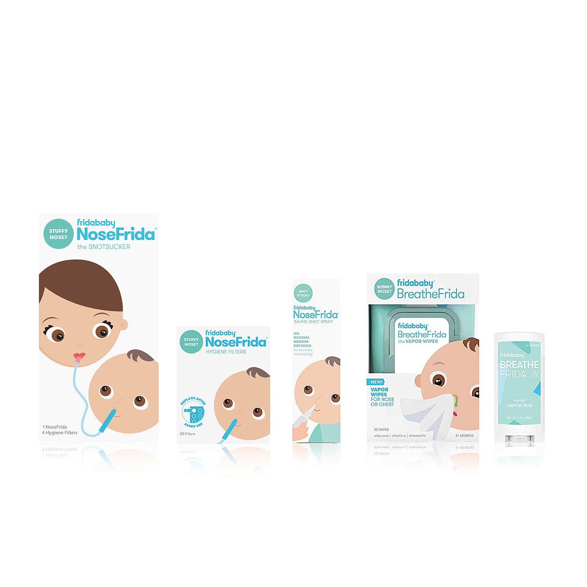 Frida Baby Cold And Flu Relief Bundle, Includes The Nosefrida Nasal Aspirator, Hygeine Filter, Saline Nasal Spray, Baby Vapor Ru