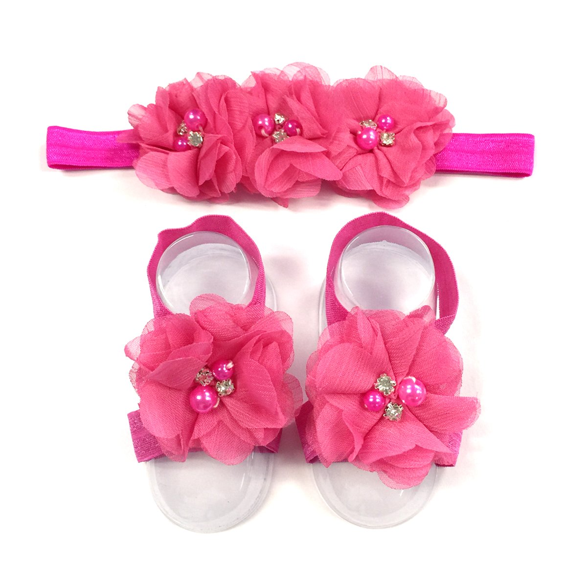 Allydrew Baby Girl Barefoot Flower Sandals & Headbands Set Chiffon Flower Baby Sandals - Princess (Set Of 4),One Size
