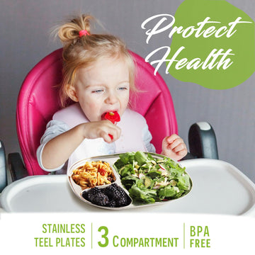 Stainless Steel Kids Plates With 3 Compartment, Toddlers Divided Dinner Plates, Breakfast Lunch Baby Dishes, Microwave & Dishwas