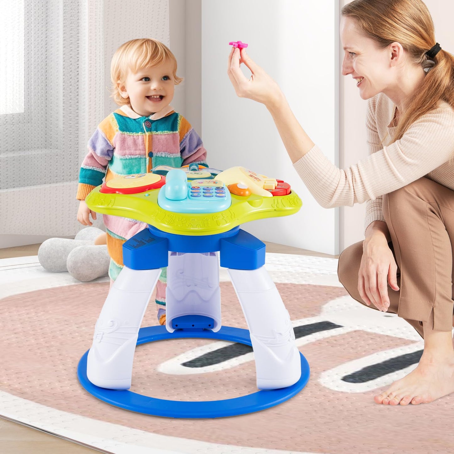 BABY JOY 3 in 1 Walk Around Baby Activity Center, Discovery Play Center with Interactive Toys & Music, Wheels, 3 Adjustable Seat
