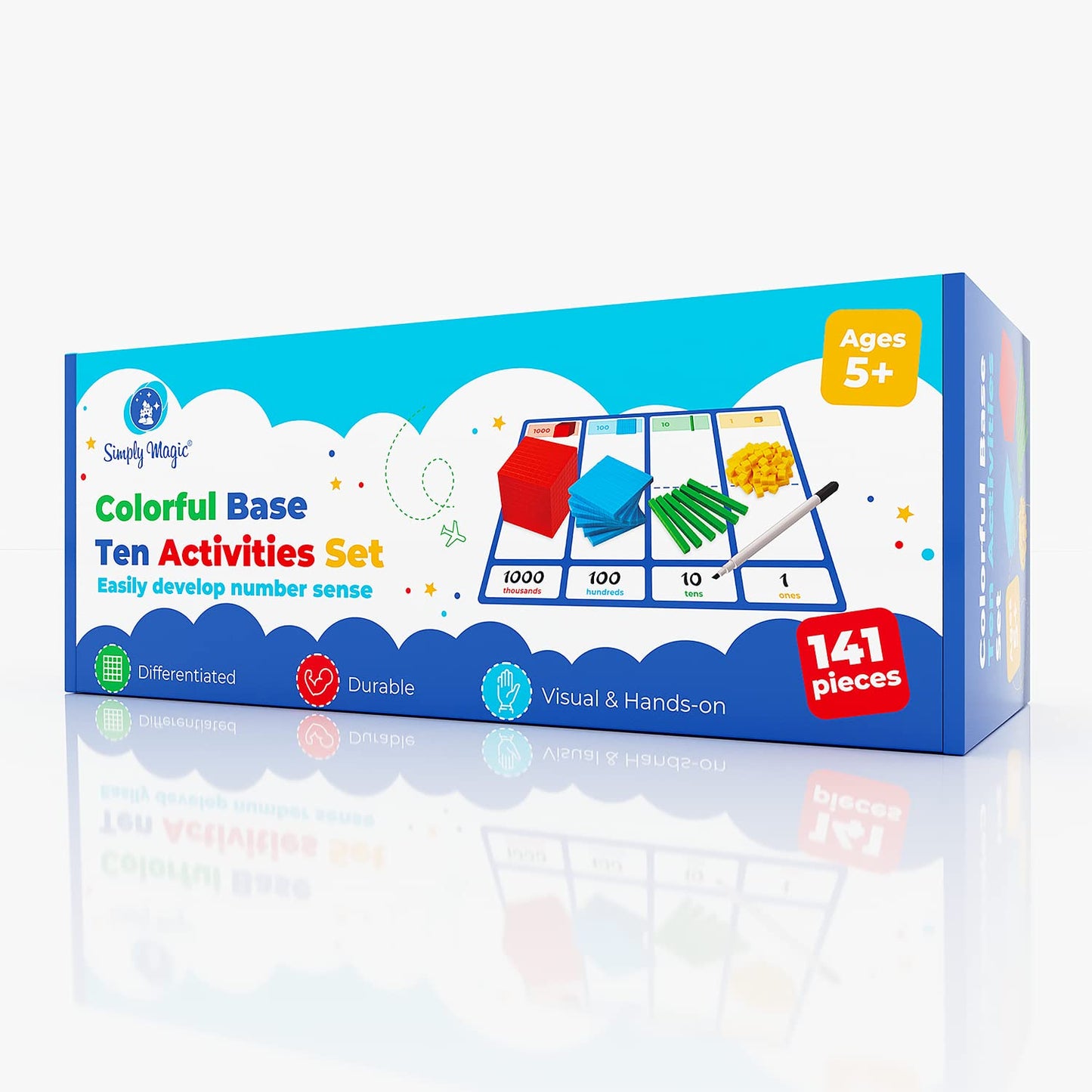 Simply magic 140+1 PCS Colorful Base Ten Blocks & Activities Set - Base Ten Blocks Classroom Set, Base 10 Math Manipulatives, Pl