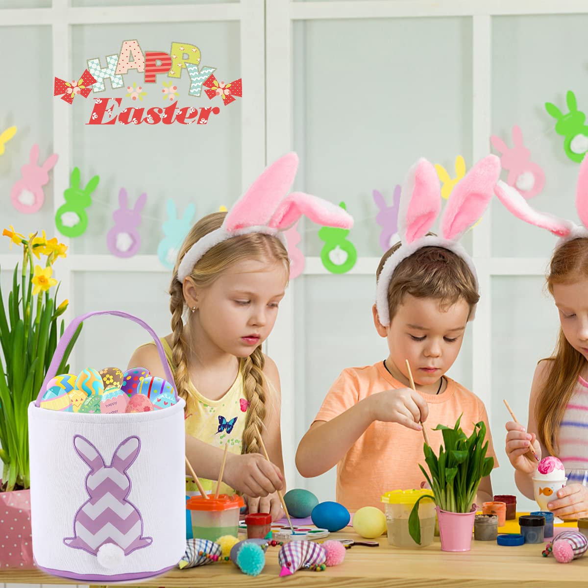 Cootato Easter Bunny Basket Bags For Kids, Stripe Rabbit Pattern Egg Basket Hunt Bags Personalized Canvas Cotton Bucket With Flu