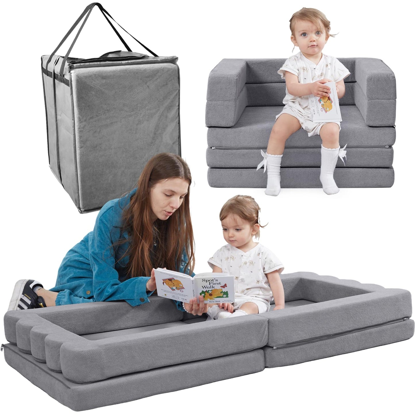 Portable Toddler Travel Bed|3-in-1 Convertible Sofa Bed High-Density Foam Floor Lounger for Kids,Collapsible Napmat with Waterpr