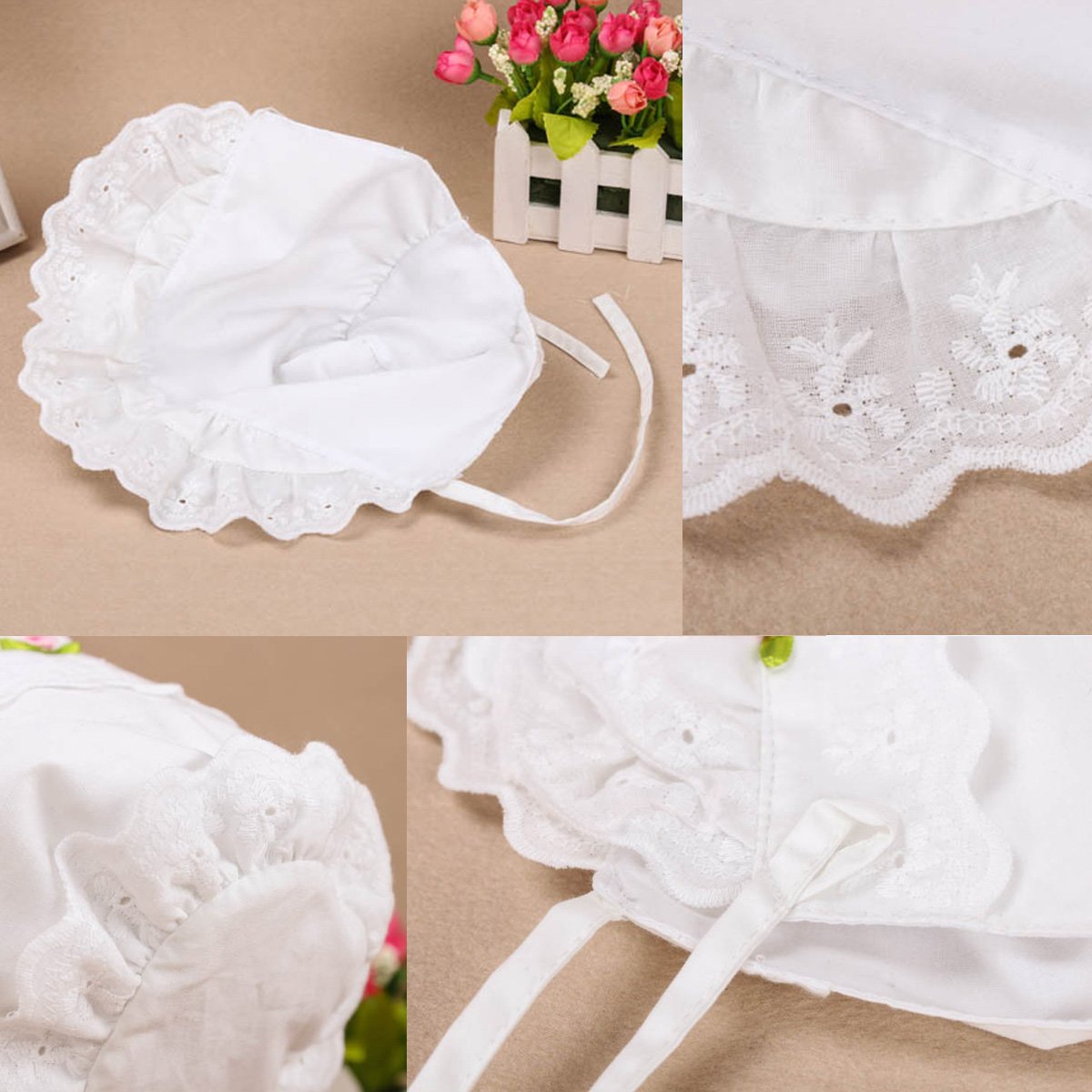 Slowera Cap Baby Girls 100% Cotton Double Brimmed Eyelet Lace Bonnet With Flowers (3-6 Months, White)
