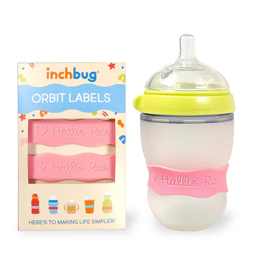Inchbug Orbit Labels - Baby Bottle Name Labels For Daycare, Sippy Cup Bands - Engraved Silicone, Reusable, Dishwasher Safe, Matc