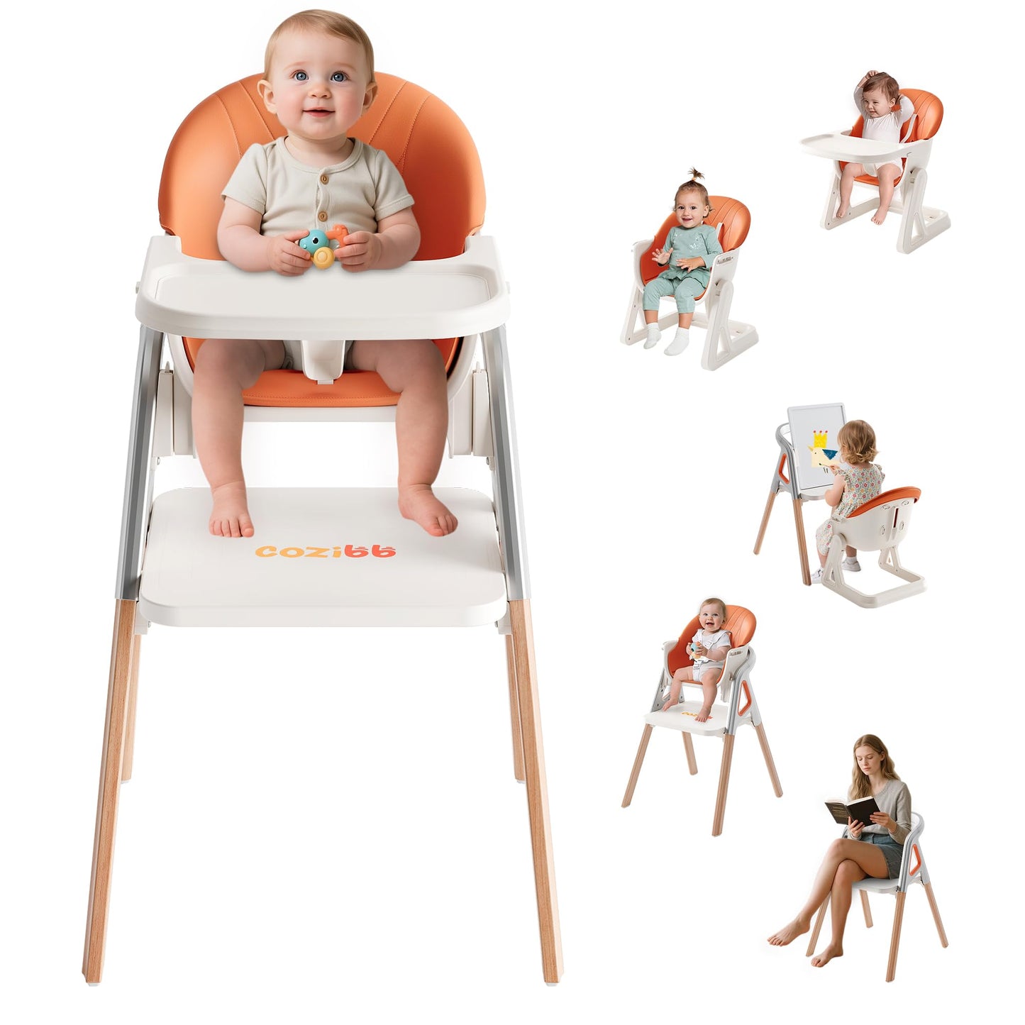 CoziBB Baby High Chair, 6 in 1 Convertible Growing Baby Highchairs for Babies and Toddlers, Baby Chair with Adjustable Dining Tr