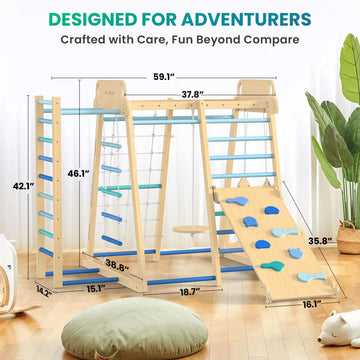 Upgraded Indoor Playground 9-In-1 Jungle Gym Kids Climbing Toys, Montessori Philosophy Waldorf Style Wooden Climber Playset With