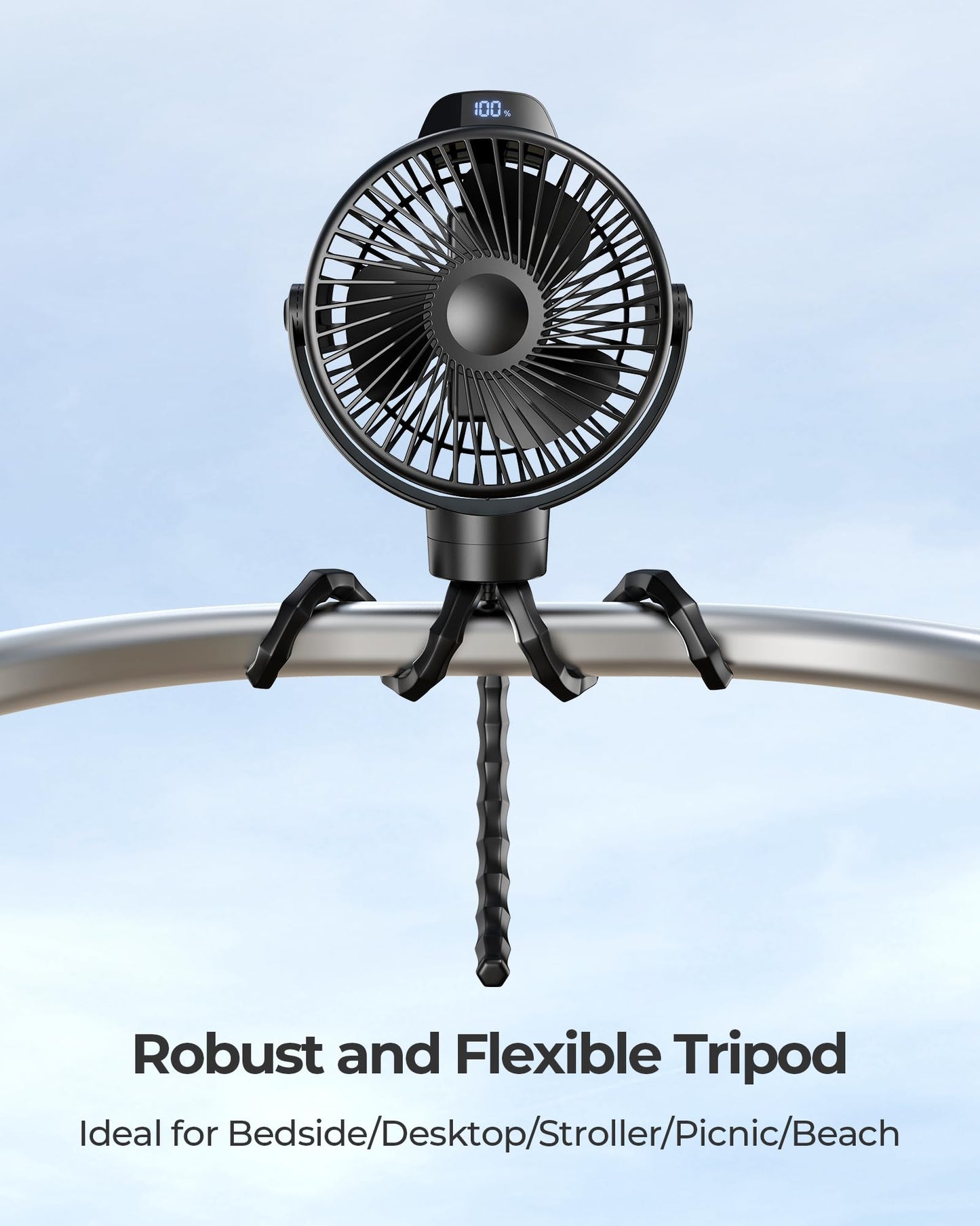 Koonie Portable Stroller Fan For Baby, Rechargeable Battery Operated, 3 Speeds, 360 Rotation, 25Db Low Noise,Digital Display, De