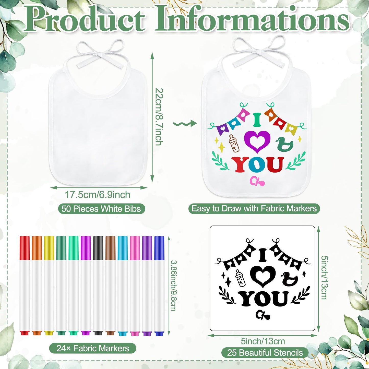Panitay 100 Pcs Diy Baby Bibs Decorating Kit 50 White Bibs 25 Stencils 24 Fabric Markers 1 Baby Shower Game Sign(Leaf)