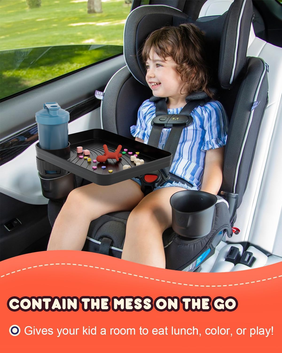 Seven Sparta Car Seat Tray For Kids Toddler Travel With Soft Rubber Base, Rotatable And Removable Cup Holder Snack Tray For Food