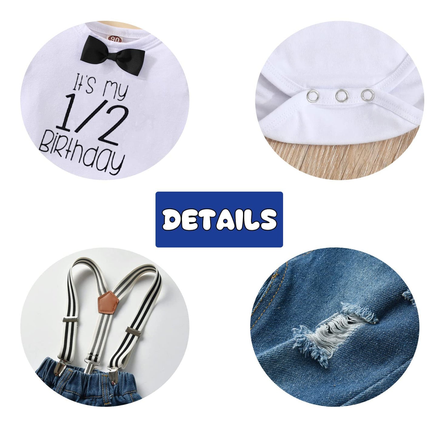 Pinleck Toddler Baby Boy Birthday Clothes Set Bowtie Romper Suspenders Ripped Denim Pants Outfits (Half Birthday-2Long, 12-18 Mo