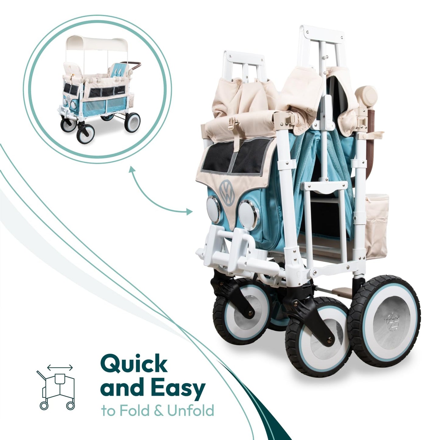 Wonderfold Volkswagen Stroller Wagon (2 Seater) - Collapsible Wagon Stroller With Classic Vw Bumper, Headlights, And Retro All-T