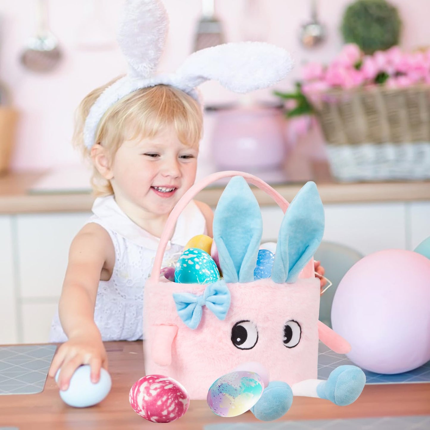 Plush Easter Basket, Soft Pink Basket With Bunny Ears, Easter Tote Bags Bunny Easter Baskets For Easter Decorations, Easter Gift