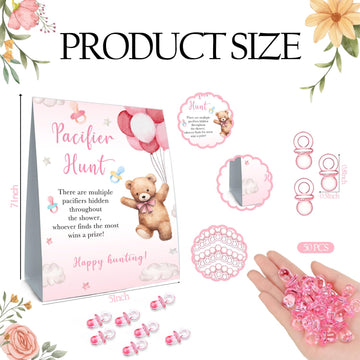 Guawubiang Winnie Pacifier Hunt Sign, Mini Pacifiers Baby Shower Game Set, 50Pcs Pooh Girl Baby Shower Game Decorations Set, Pin