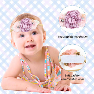 Cinaci 5 Pieces Super Stretchy Soft Nylon Flower Headbands Pearl Floral Tiaras Crowns Hairbands Hair Accessories For Baby Girls