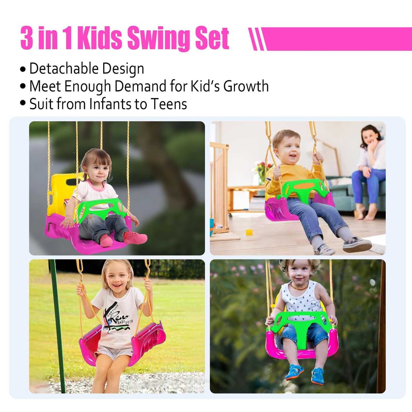 Ifoyo Kids Swing Seat, 3 In 1 Toddler Swing Chair Secure Swing Seat Detachable Swing Seat High Back Swing Set For Playground Ind