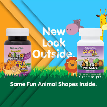 Natures Plus Animal Parade Acidophikidz, Berry Flavor - 90 Chewable, Animal-Shaped Tablets - With Probiotics, Fos & Grape Seed -