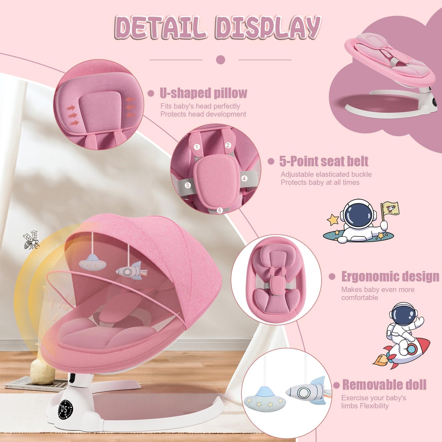 Electric Baby Swings For Infants To Toddler Baby Swing With Remote Control & Bluetooth Music 10-Preset Melodies (Pink)