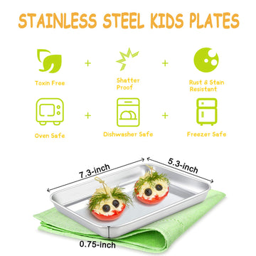 E-Far Stainless Steel Kids Plates, 4 Pieces Mini Metal Dinner Dish Set For Kids Toddler Child, 7.3 X 5.3 X 0.75 , Non-To
