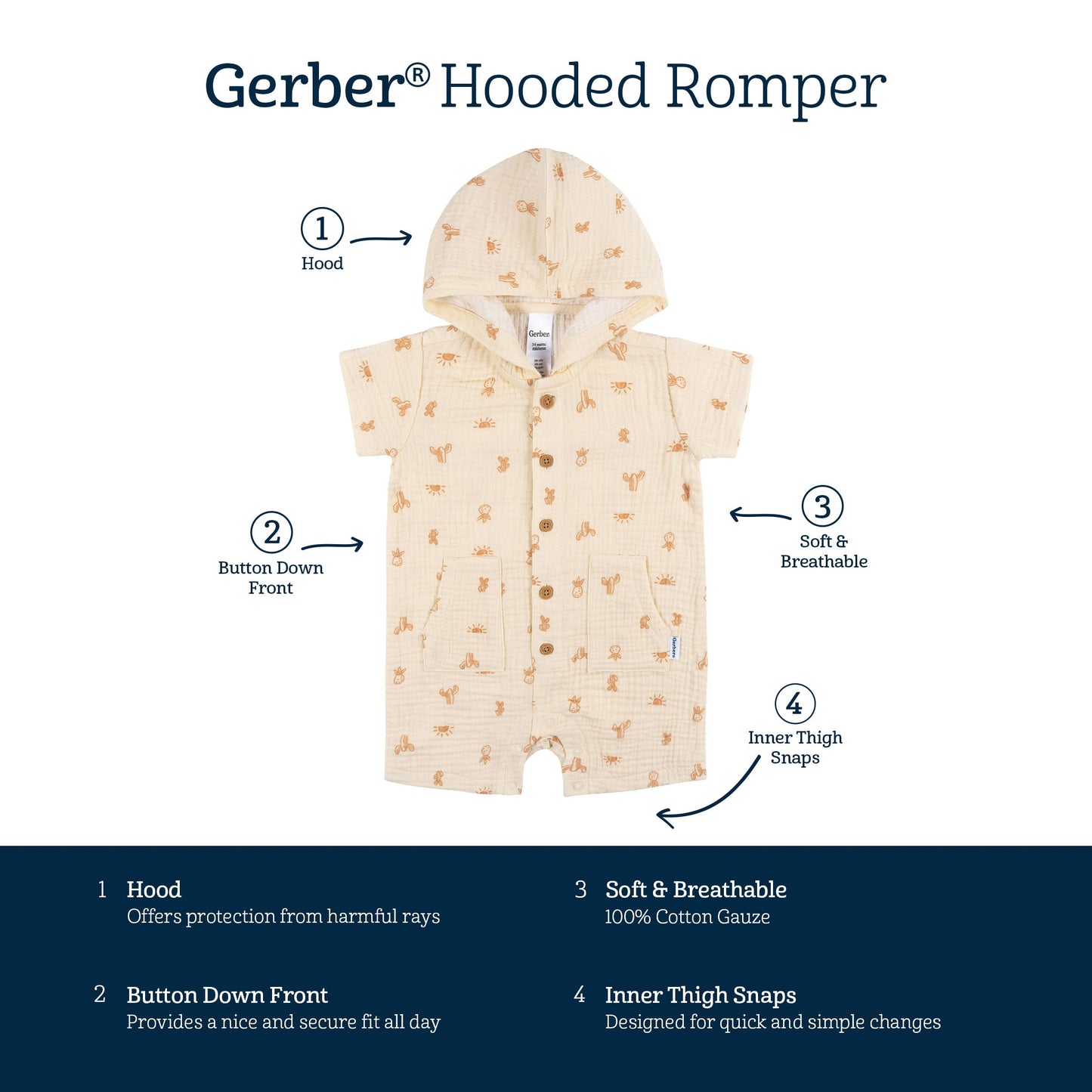 Gerber Baby Boys Hooded Cotton Romper, Desert, 0-3 Months
