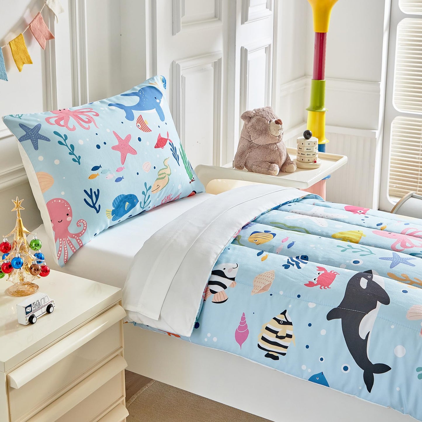 Joyreap 4 Piece Toddler Bedding Set- Ocean Theme Blue Design, Microfiber Toddler Bedding Comforter Set For Kids Boys Girls