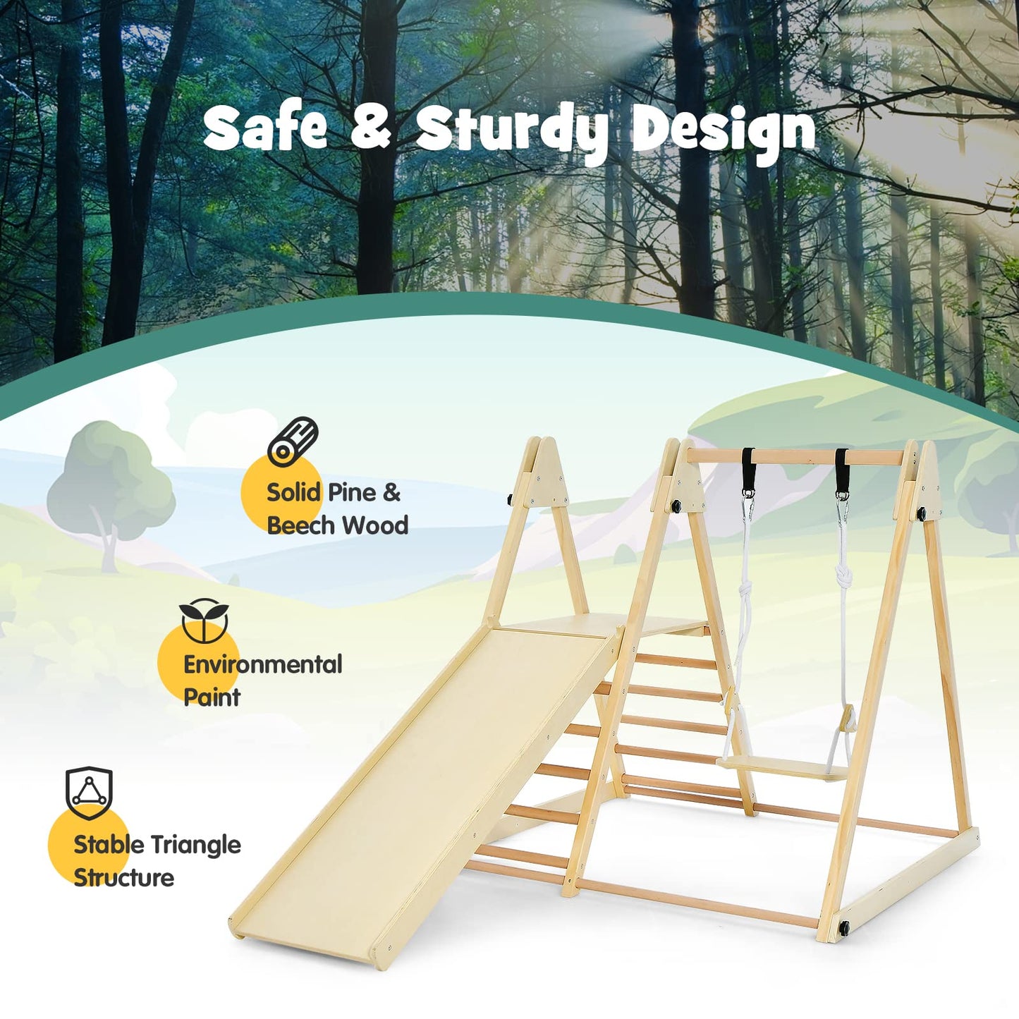 Olakids Toddlers Triangle Climbing Set, 4 In 1 Foldable Kids Wood Montessori Climber Ladder With Ramp, Slide And Swing, Indoor P