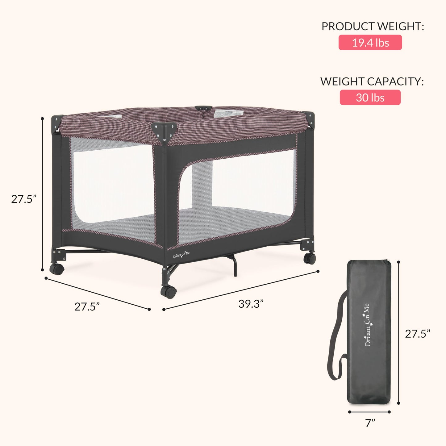 Dream On Me Ezgo Portable Playard In Pink & Black, Compact Easy To Fold And Travel Baby Playard, Breathable Mesh Sides, Carry Ba