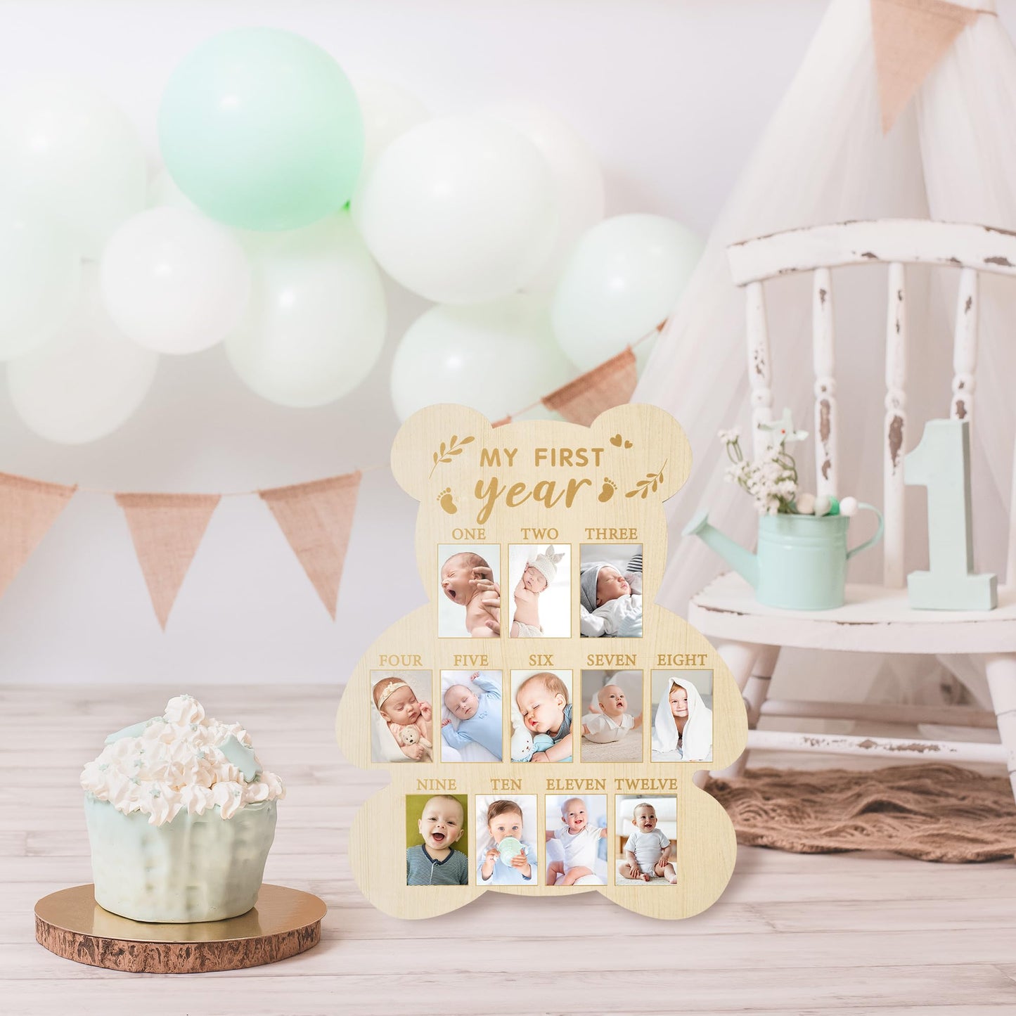 R Horse My First Year Photo Display Wood Board, Babys First Year Picture Frame 12 Months Milestone Board Bear Shape Birthday Bab