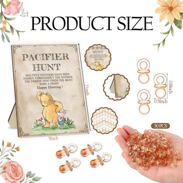Classic Winnie Pacifier Hunt Sign For Baby Shower Game, 1 Winnie Pacifier Hunt Sign And 50Pcs Brown Mini Pacifiers Decor For Bab