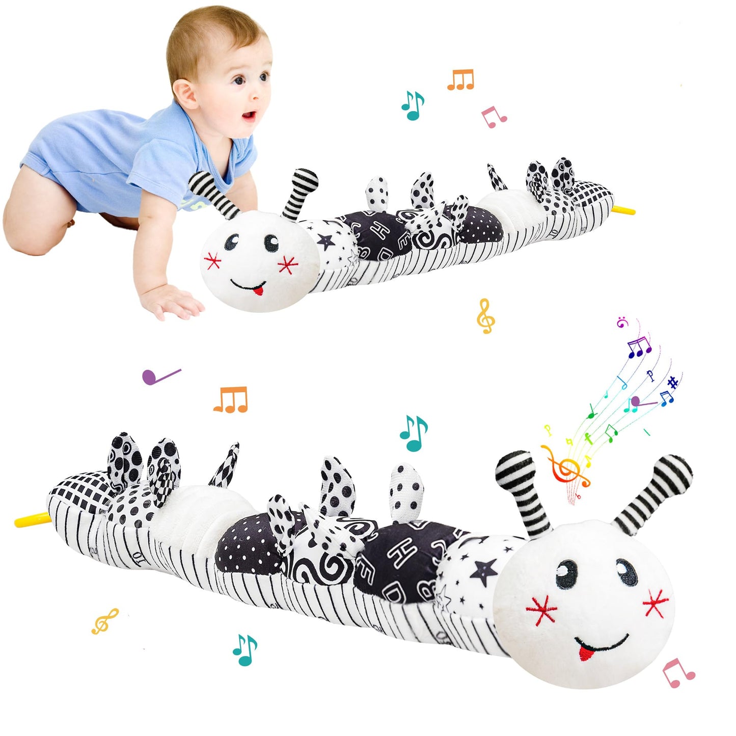 Infant Baby Musical Caterpillar Stuffed Animal Toy-Black White Design/Caterpillar Plush Toys,Multi-Sensory Textures,Crinkle,with