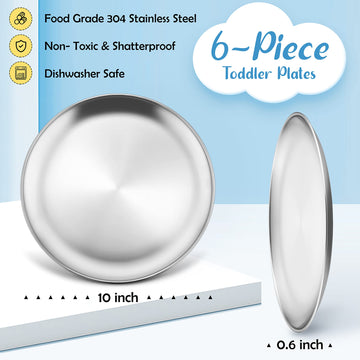 Haware 6-Piece 18/8 Kids Plates, Stainless Steel 304 Dinner Dishes For Toddlers Children, 10 Inches Feeding Serving Camping Meta
