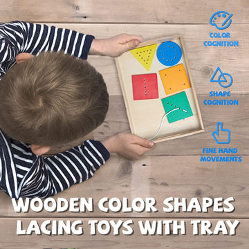 Wooden Toddler Beads and String Lacing Toy Set with Tray - Educational Threading Game for Fine Motor Skills Development - Lacing