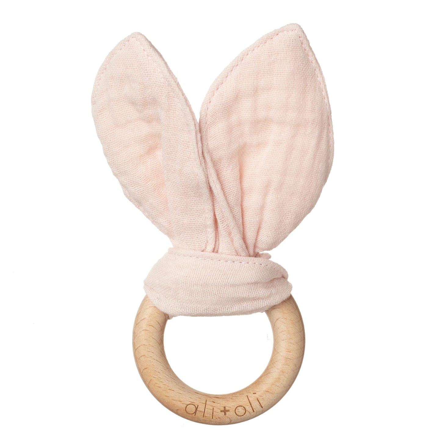 Ali+Oli Crinkle Bunny Ears Wooden Teethers for Babies (Pink) - Bunny Ear Teething Ring, Gender Neutral Baby Gift, Newborn Animal